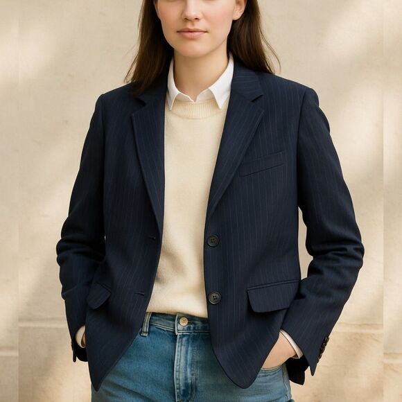 Vintage J. Crew Women's Wool Pinstriped Two-Button Blazer Jacket Black Size 10 M - Picture 1 of 8